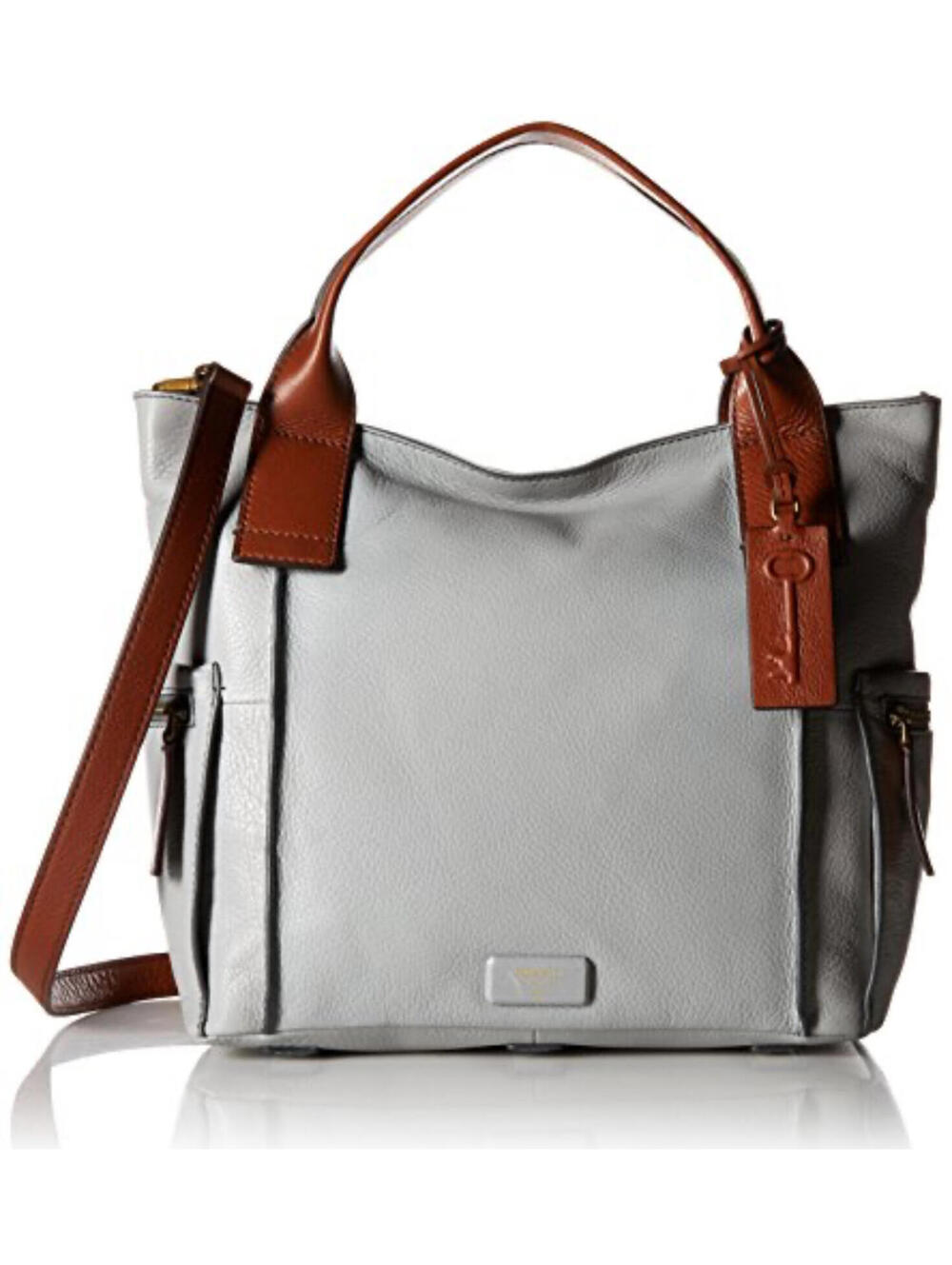 Fossil Emerson Satchel Iron Gray Leather Tan Trim Crossbody Bag